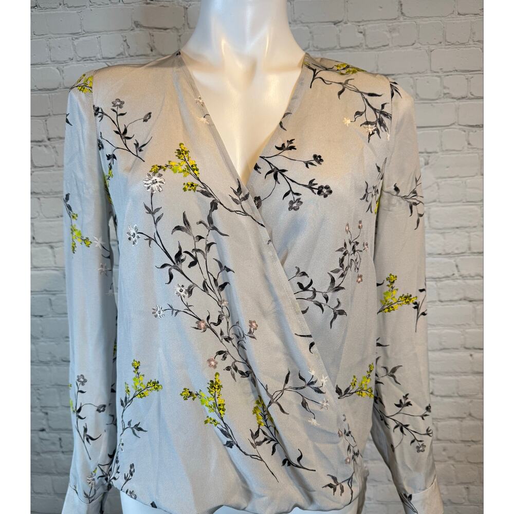 L'Agence Kyla Draped Silk Long Sleeve Blouse in a light gray floral print. XS.